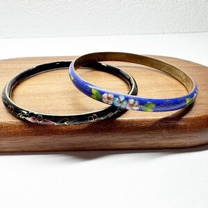 Vintage Cloisonne Floral Metal Bangle Bracelets